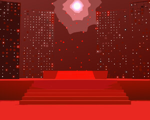 A red stage illuminated with bright lights and a spotlight above