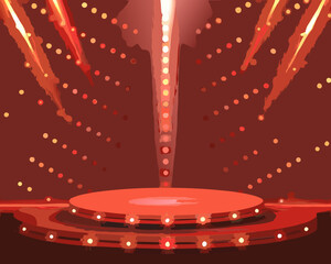 A vibrant stage setting with a circular platform and dramatic lighting effects