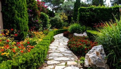 Winding path through a vibrant garden