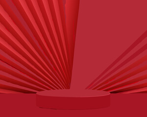 Abstract red stage with a cylindrical pedestal dramatic lighting and radial lines
