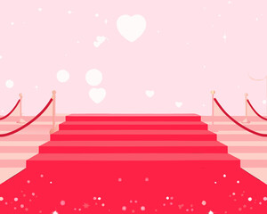 A pink backdrop with a red carpet and decorative heart elements