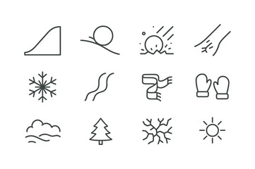 Winter Icon Set. rolling down the hill. Line icon set of rolling down the hill: winter hill, snow roll, snowball crash, icy patch, snowflake icon, sled track,
