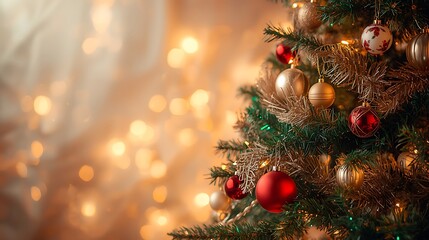 Obraz premium Festive Christmas tree with warm bokeh lights and red ornaments