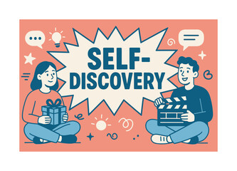 Self-Discovery Illustrated. Self-discovery banner, flat vector illustration, bold oversized text inside comic burst banner, cartoon characters sitting and