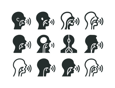 Vocalist Logo Variations. Vocalist singing. Icon set. Set Logo of vocalist singing: vocal cords stylized symbol. harmonious logo variations of the same