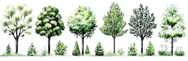 Hand-drawn watercolor illustration of trees in minimal style.