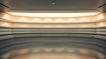Sleek and modern empty retail or gallery space, featuring warmly illuminated display shelves and a reflective floor, offering a clean backdrop for products or exhibits