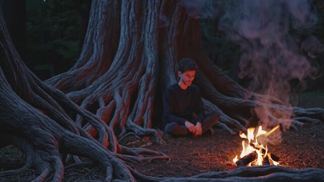 white man sitting by campfire beside massive tree roots at dusk, soft firelight and smoke, writer solo camper reflecting, journaling, wilderness meditation, quiet forest bathing atmosphere