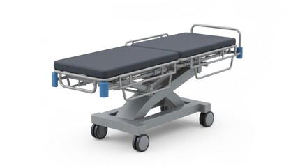 An adjustable hospital stretcher with a gray cushioned bed, on wheels, with safety rails