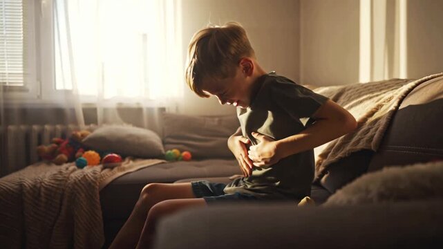 A young boy cozy living room sofa, holding his stomach pained expression. Warm sunlight filters window soft shadows. room toys scattered blankets. Cinematic close-ups slow pan discomfort vulnerability
