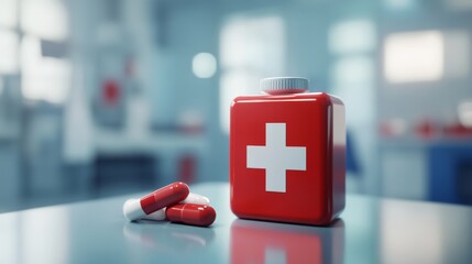 A red first aid kit with a white cross symbol on top of it next to medicine capsules.