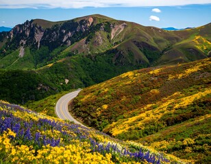 Winding road through colorful mountain wildflowers