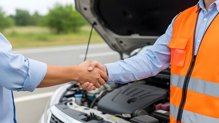 Two men shaking hands with car engine and open hood in background handshake roadside assistance