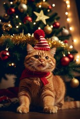 Ginger cat in Christmas outfit playing with Christmas tree &mdash; ai