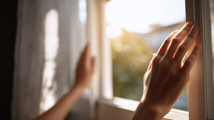 Hands Opening Window to Bright Fresh Home Living Space