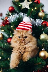 Ginger cat in Christmas outfit playing with Christmas tree &mdash; ai