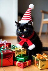 Crazy black cat in Christmas outfit causing mischief with gifts and Christmas tree &mdash; ai