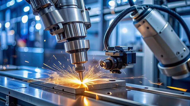 レーザー加工機が金属板を切断し火花が散る精密加工の瞬間