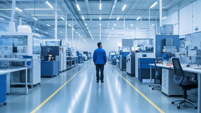 最新設備が並ぶ工場通路を歩く作業員の後ろ姿が示す生産現場の日常