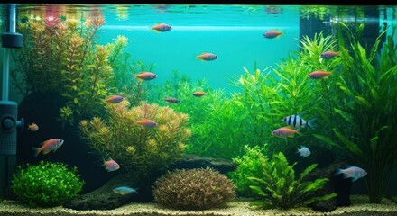 Aquatic ecosystem with vibrant fish and lush plants in a transparent tank