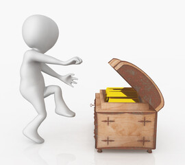 3D Figur &ouml;ffnet eine Schatztruhe mit Goldbarren