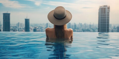 A person enjoying a leisurely float in the pool while wearing a wide-brimmed hat. The city skyline can be seen in the background, offering a serene and luxurious atmosphere.