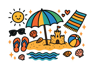 Colorful Beach Doodles. Sunny Beach Shade. Colorful Hand-drawn doodle Children illustration striped umbrella, sandcastle, seashells, waves, flip-flops, sun,