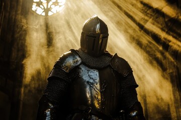 Naklejka premium Knight in shining armor stands in sunlit castle with dramatic lighting and shadow play