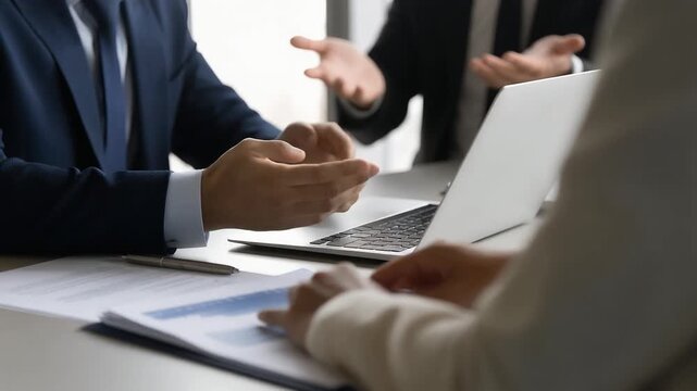 ノートパソコンを前に身振りで説明を交わすスーツ姿の男性たちのビジネス協議風景