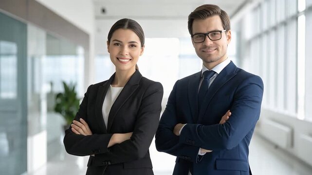 オフィス空間で腕を組み並ぶ男女のビジネスチームのポートレート表現