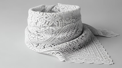 Elegant white lace bandana beautifully arranged with intricate patterns showcased on a monochromatic background with copy space