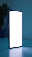 Close-up of slim phone with white screen, digital backdrop , innovation, app