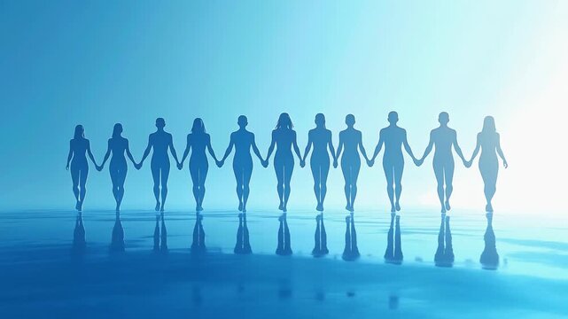 発光する床の上で一直線に並ぶ人型シルエットが示す協調と社会性