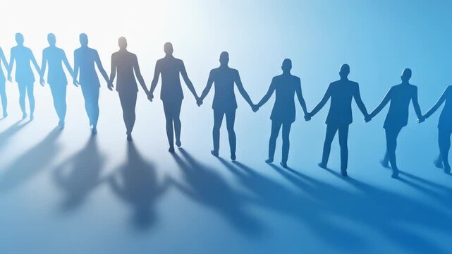 遠近感のある構図で手をつなぎ続く人々が示す連帯とつながりの概念表現
