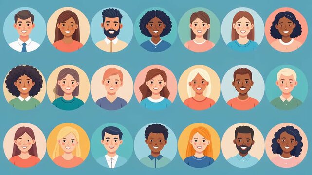 さまざまな髪型と肌色の人物が整然と並ぶ円形ポートレート風アイコンイラスト