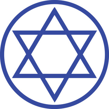 A simple blue illustration depicting the star of david within a circular frame