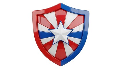 A vibrant red, white, and blue shield with a central star and radiating sunburst pattern, isolated on a white background.