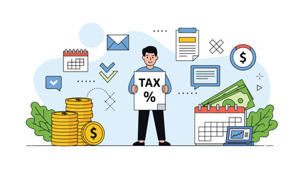 Businessman holding a sign showing tax percentage surrounded by various financial symbols like money coins calendar and laptop for accounting.