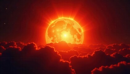 Fiery orange and red sunburst, radiating light , glow, mystical, solar