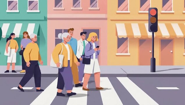 Pedestrians Crossing Street at Crosswalk in City Illustration.