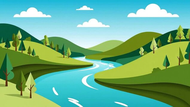 Serene River Valley Landscape Illustration with Rolling Hills and Clouds.