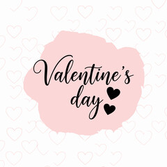Fototapeta premium Valentine's Day text on a pink watercolor background with heart patterns.