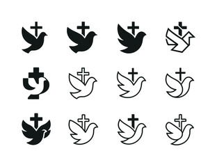 Obraz premium Catholic Mission Logos. Catholic mission work. Icon set. Set Logo of Catholic mission work: cross and dove of peace. harmonious logo variations of the same