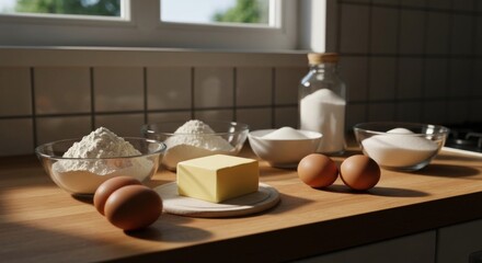 Baking ingredients arranged on a wooden countertop near a window with sunlight