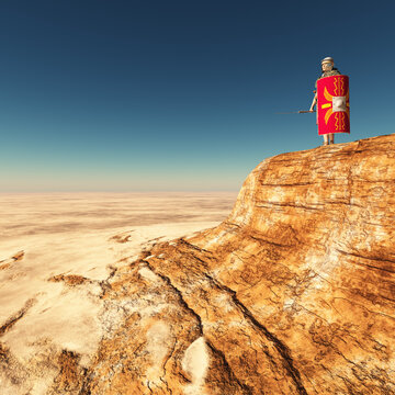 R&ouml;mischer Legion&auml;r auf einem Berg in einer W&uuml;stenlandschaft