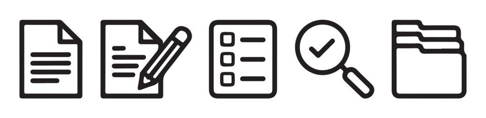 Professional office task icons depicting document writing checklist verification magnifying glass and file folders