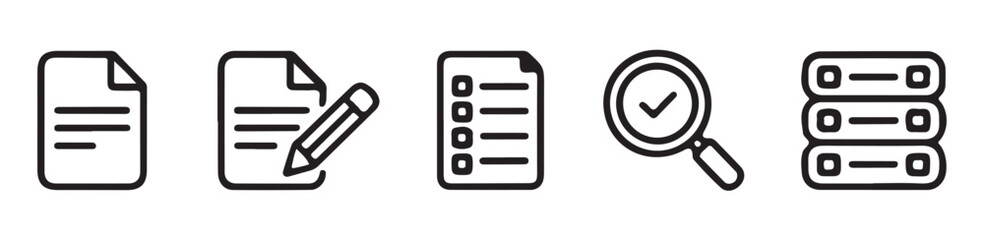 Modern data management icon set featuring document editing checklist verification and network server storage units