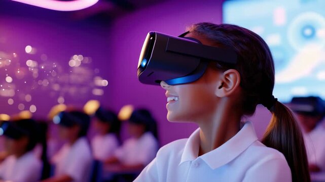 Young girl uses virtual reality headset in classroom during technology lesson in bright setting