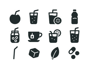 Healthy Drink Icons. Healthy drinks. Solid icon set of healthy drinks: coconut water, green smoothie, fruit juice, water bottle, detox drink, herbal tea,