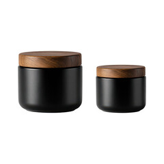 Two black cylindrical containers with wooden lids on top, isolated on transparent background